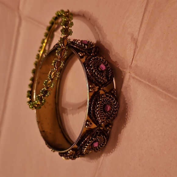 Gold plated, Purple and Green Gemstones, Two Bracelet Set - Picture 3 of 5